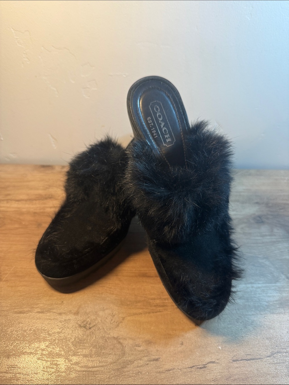 Coach Black Fur Wedged Clog Size 7